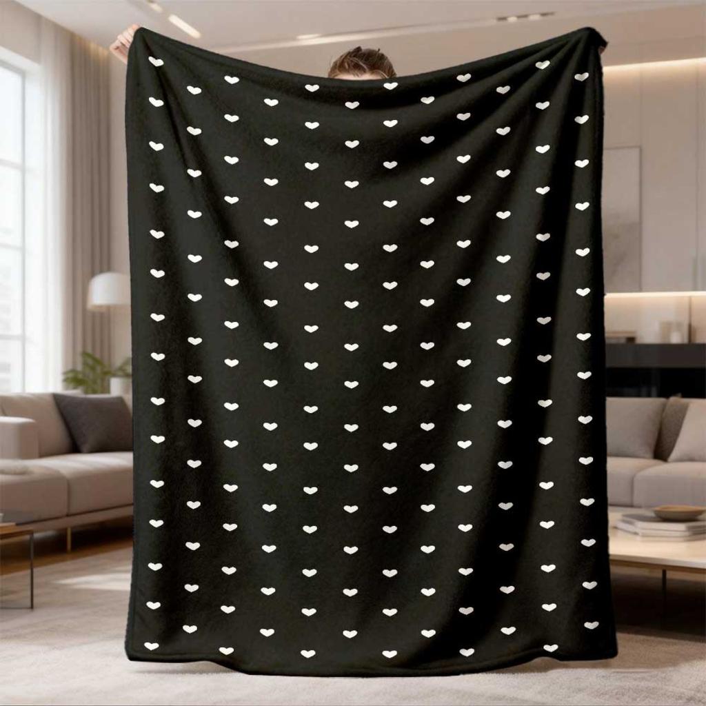 1pc Black & White Heart Pattern Flannel Blanket | Soft All-Season Cozy Throw for Bed, Couch, Camping | Modern Geometric Heart Design with White Hearts