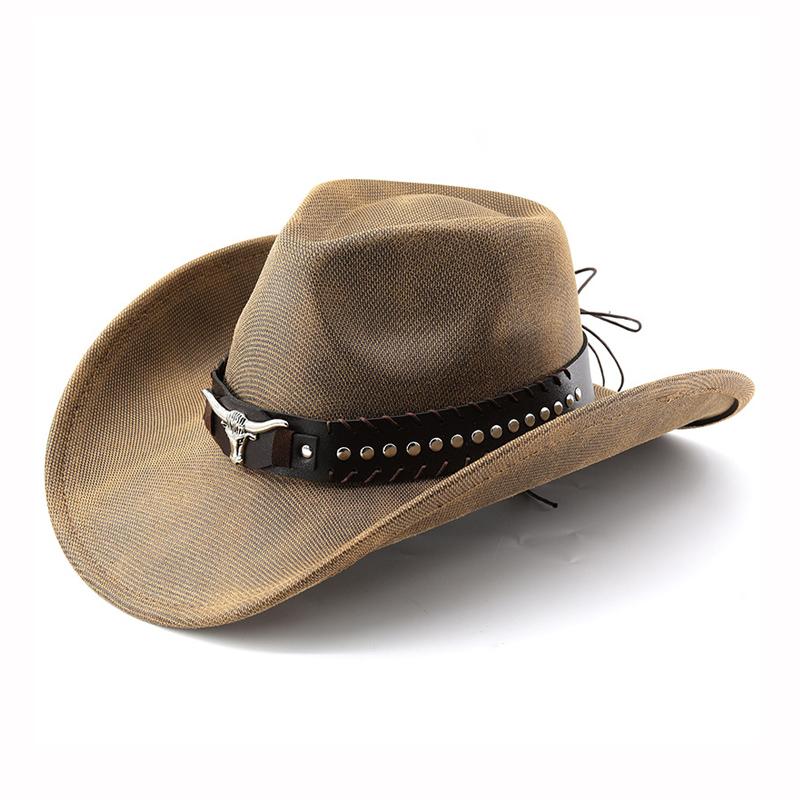 Faux Leather Western Cowboy Hats with Cow Band Vintage Roll Brim Gentleman Cowgirl Jazz Hat Outdoor Travel Party Street Hat