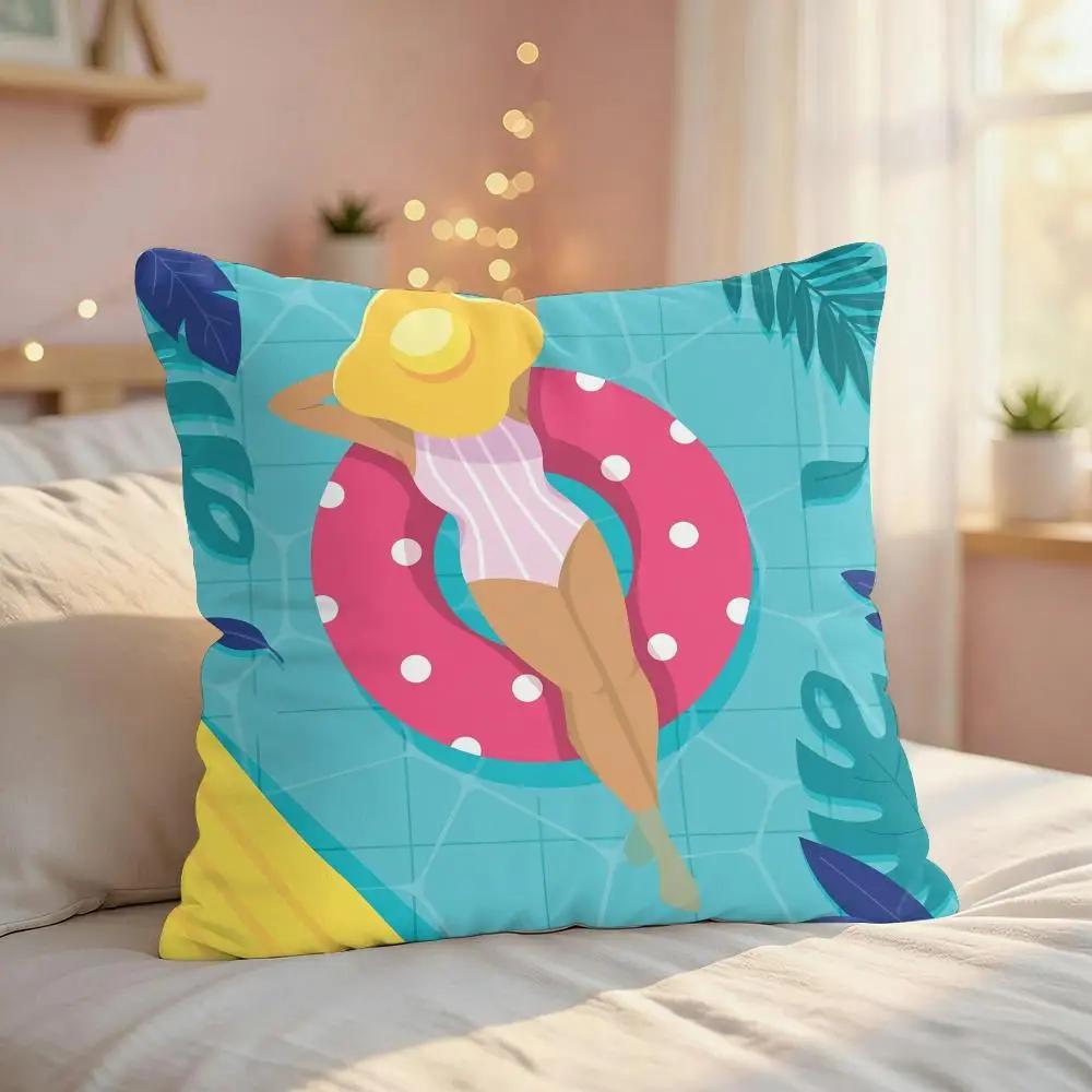 Summer Pool Oil Art Ins Cushion Cover Silky Short Plush Invisible Zipper Dustproof Sofa Pillow Case For Home Decor