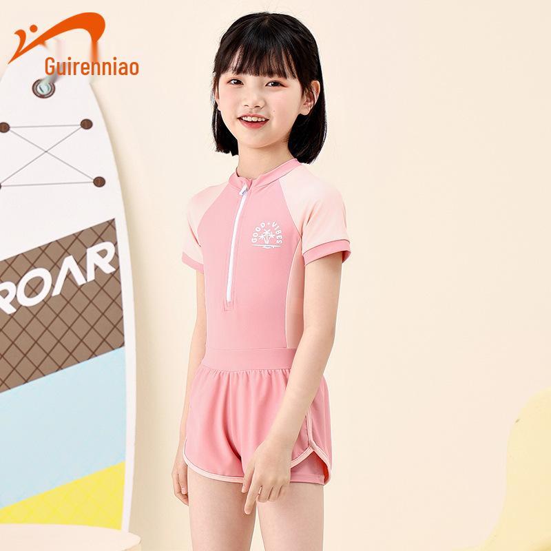 Guirenniao Girls' Sun Protection One-Piece Swimsuit Set, Quick-Drying, Medium & Large Sizes.