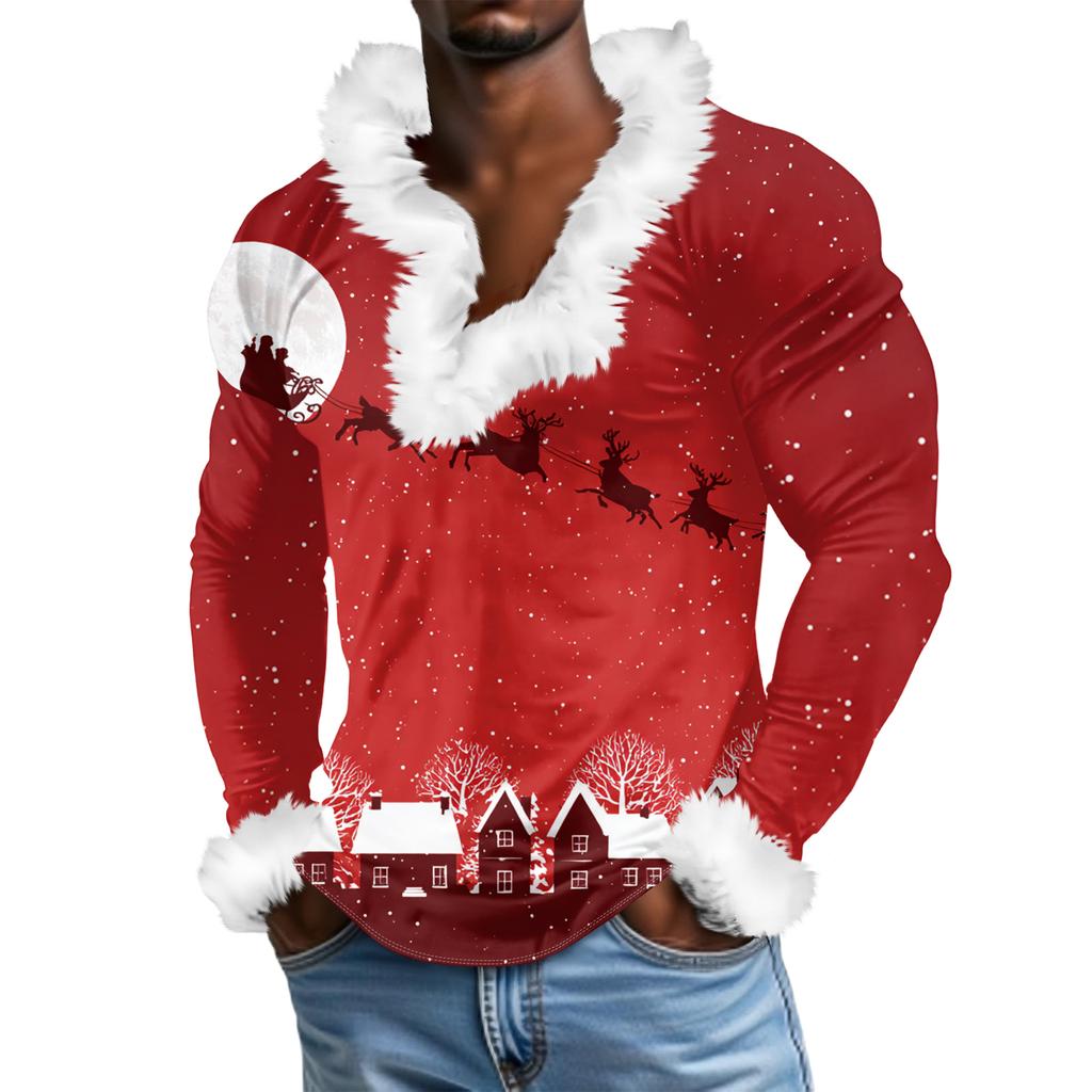 Herren Lässiges Weihnachten Bedrucktes Plüsch V-Ausschnitt und Fleece Langarm-Sweatshirt