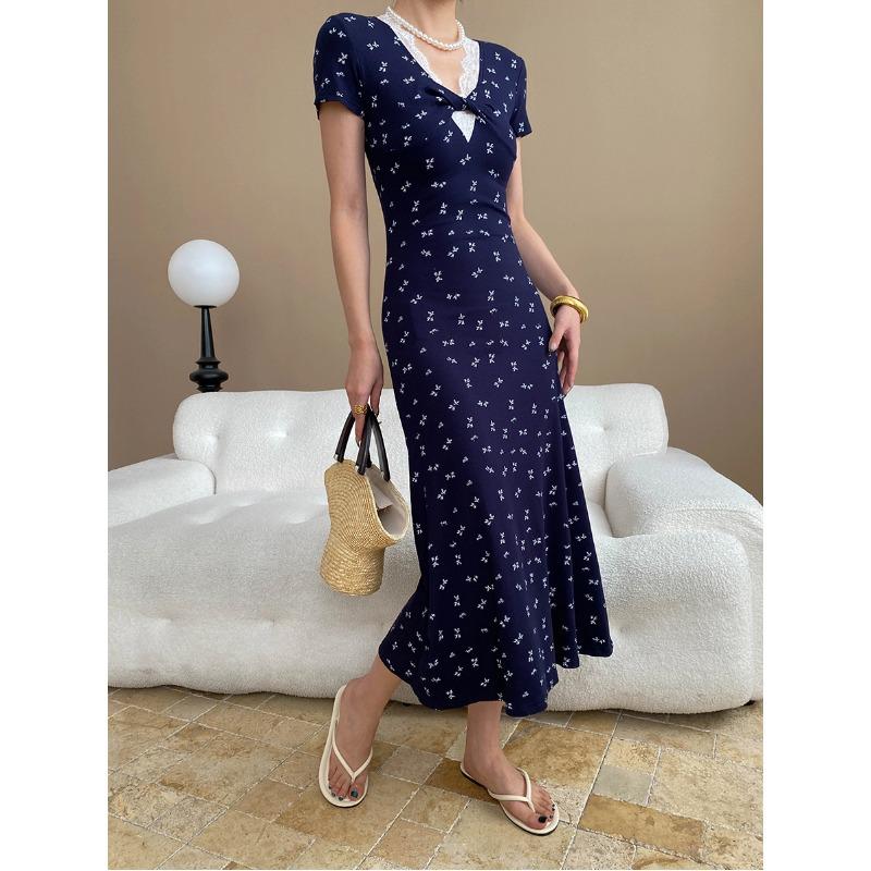 

Синан Французский Чайный Перерыв V-образный вырез Цветочное Кружево Приталенное Платье L