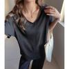 Women V Neck Loose Oversized Dropped Shoulder Short Sleeve Solid Casual Basic T Shirt