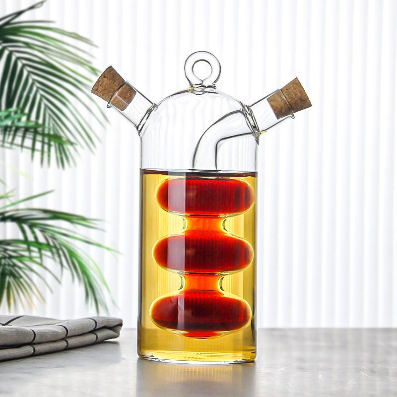 Double-layer Glass Oil Jug 2-in-1 Oil Vinegar Bottle Home Creative Double-mouth Cork Shaped Glass Oil Jug Kitchen Seasoning Tool