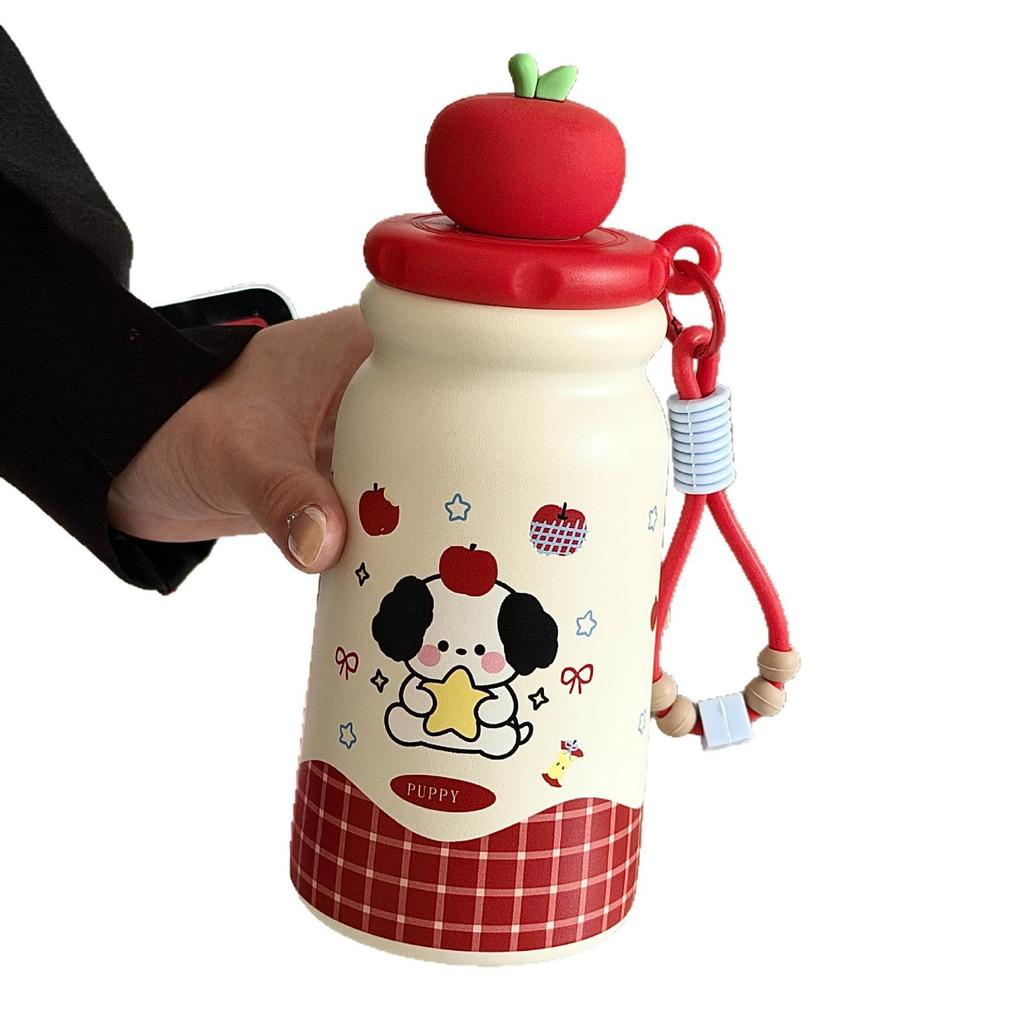Large Capacity 316 Stainless Steel Insulated Cartoon Puppy Water Tumbler with Straw and Portable Pull Rope