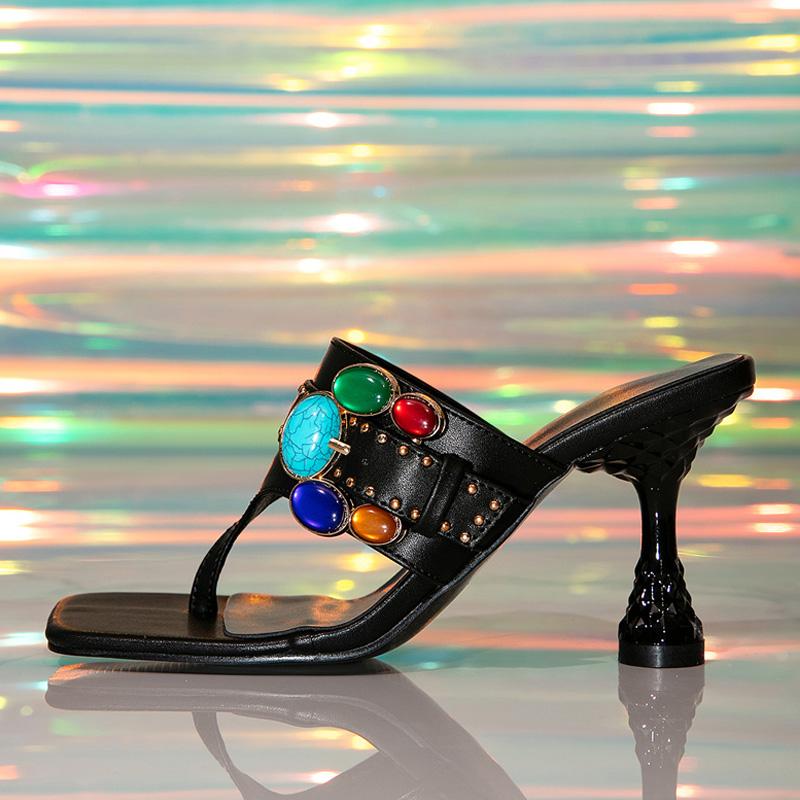

Мода Liyke Модный Дизайн Цветной Камень Пряжка Женские Шлепанцы Гладиаторские Сандалии Летние Мюли Слайды Обувь Низкий Каблук Вьетнамки Размер 36-42 36 чёрный