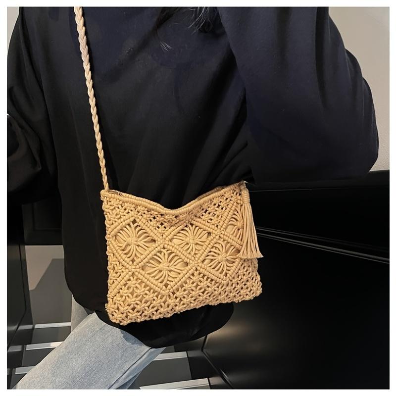 Ladies' Bohemian Style Handmade Woven Shoulder Bag - a Lightweight Summer Beach Clutch with Tassel Details,Crossbody Design