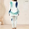 Women Plus Size Round Neck Long Sleeve Printed Longline Top And Fitted Pants Two Piece Set