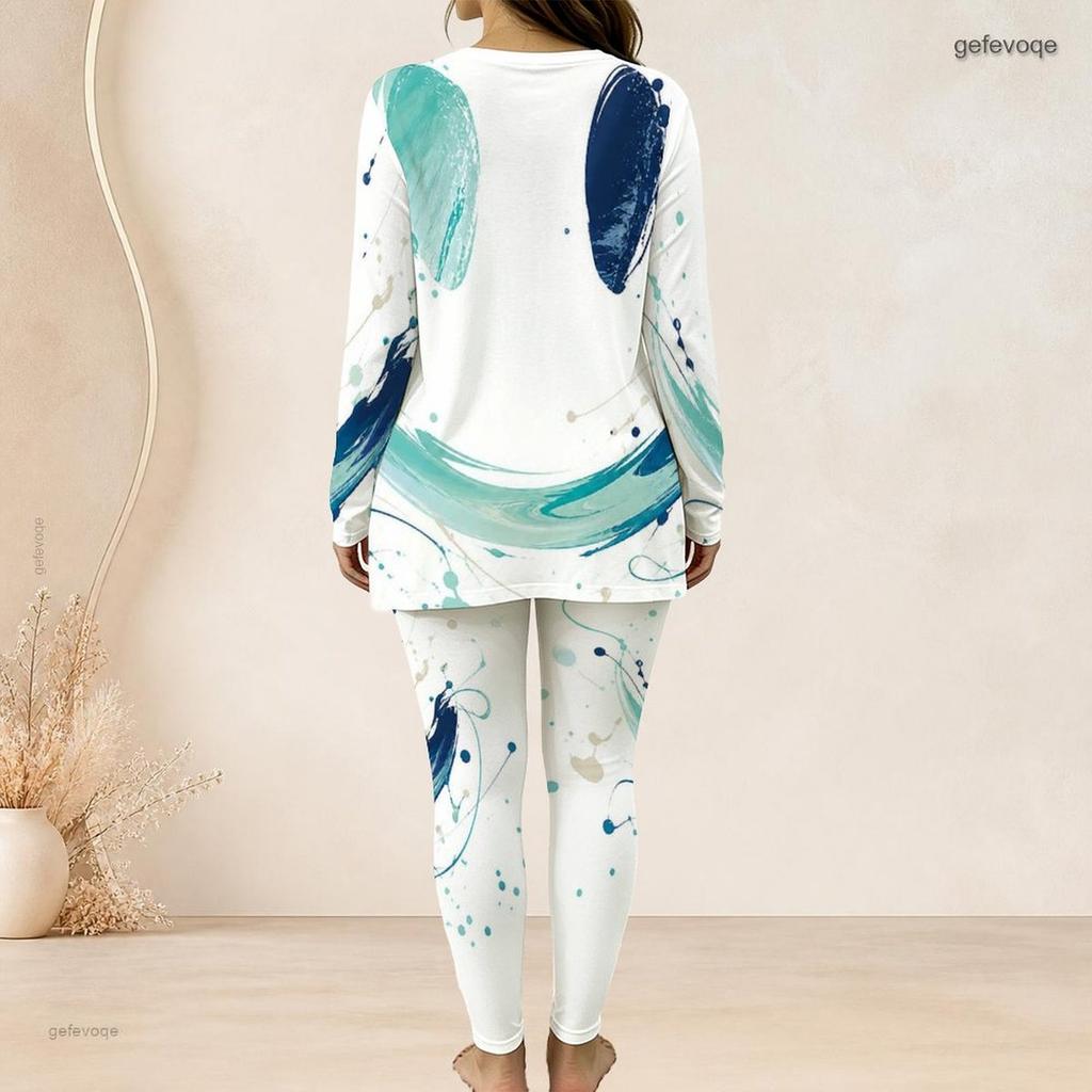 Women Plus Size Round Neck Long Sleeve Printed Longline Top And Fitted Pants Two Piece Set