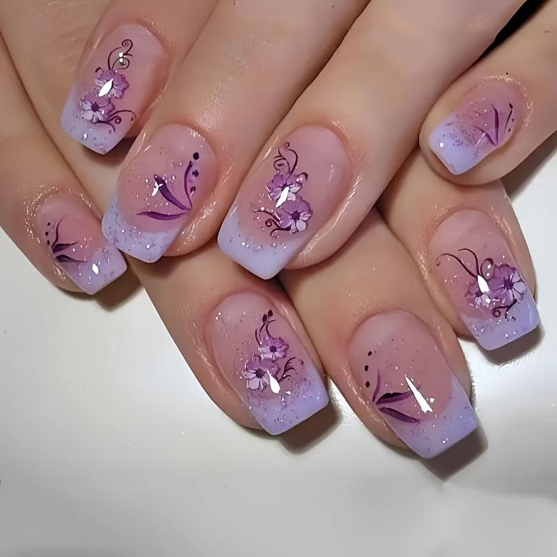 24Pcs Short French Tip False Nails Shimmer Ballet Nail Art Full Cover Sheer Press On Manicure Tips For Girls Daily Wear