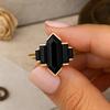 Wedding Engagement Anniversary Promise Gift – Black Onyx Geometric Ring, Yellow Gold Plated Art Deco Statement Gemstone Jewelry for Women