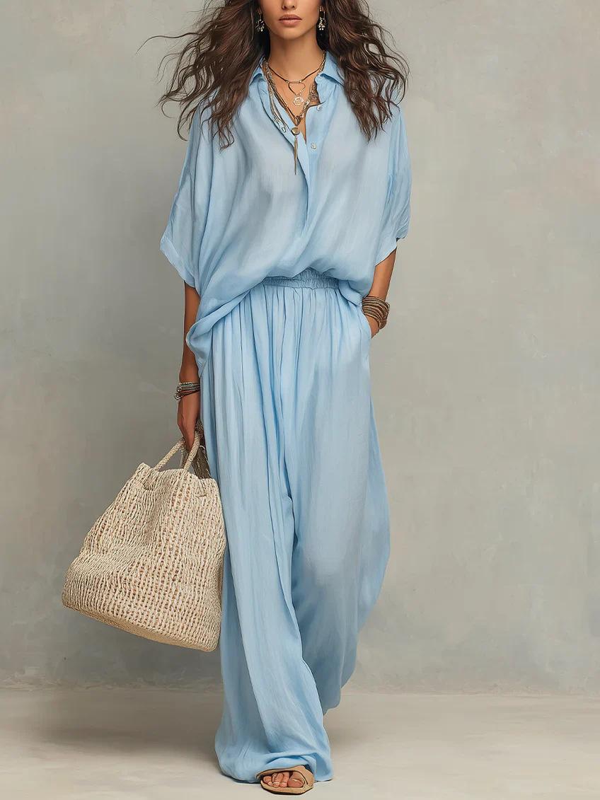 European and American women s clothing casual summer women s cotton and linen shirt wide-leg pants suit women S небесно-голубой