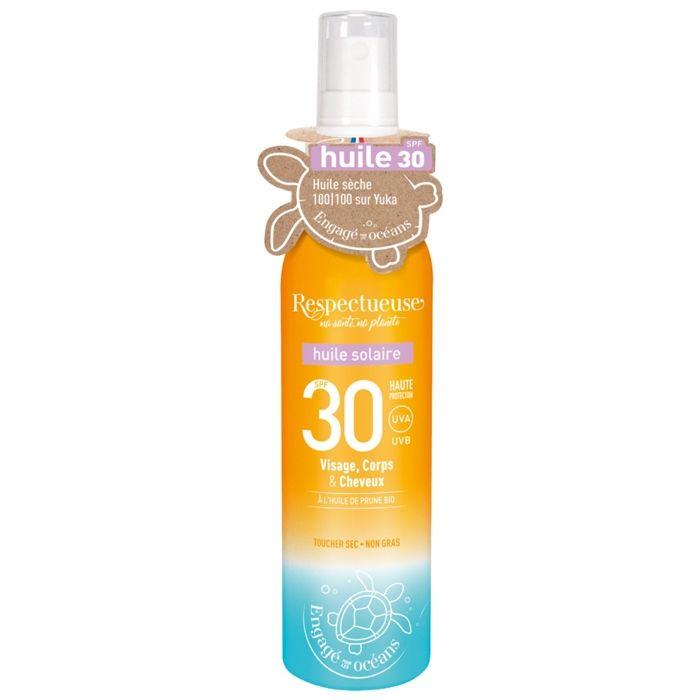 Respectueuse Huile Solaire Visage Corps Cheveux SPF30 100 Ml
