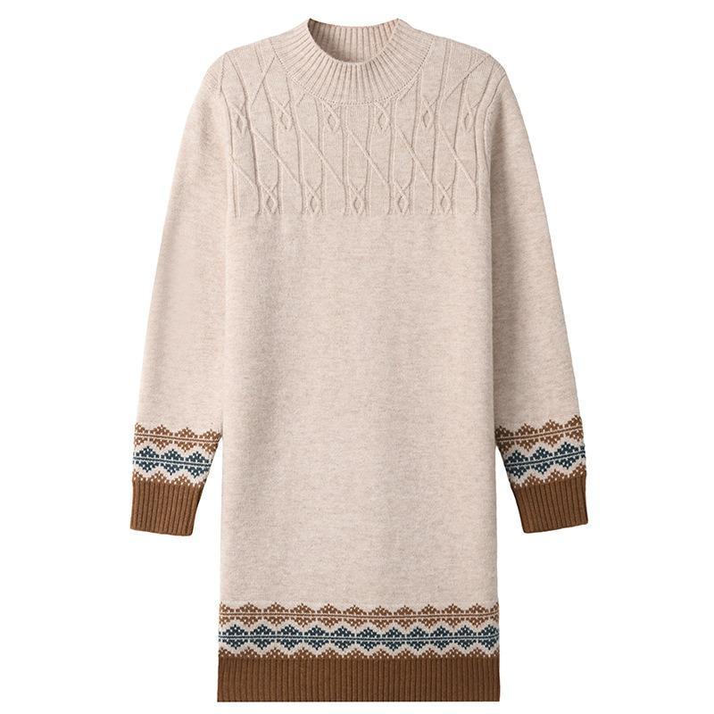 Women's Sweater Half Turtleneck Mid-length Sweater Dress Autumn and Winter Commuting Style Loose Jacquard High Waist Inner Knitted Sweater