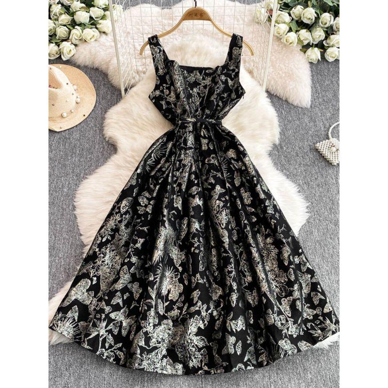 High-End Temperament French Royal Style Sling Dress Heavy Industry Jacquard Waist-Tight Slim Looking Puffy Dress Women's Summer