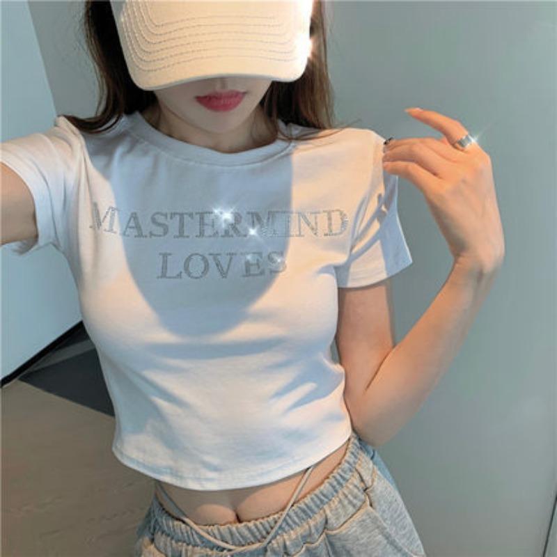 Internet Celebrity Base Shirt High Waist Crop Top Women's Hot Diamond Letter Slim Summer Short Sleeve T-shirt Women's Instide