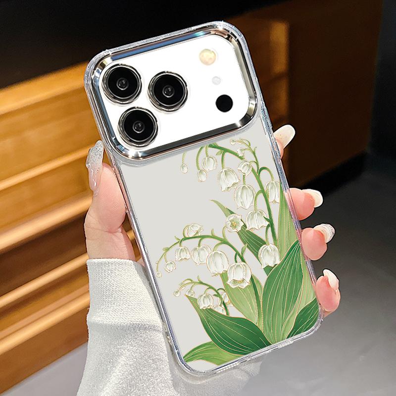 Blue Purple Flower Pattern Case For iPhone 17 Pro Max Plating Lens Frame Clear Soft Cover For iPhone 16 15 14 13 Pro Max 11 16E 17E