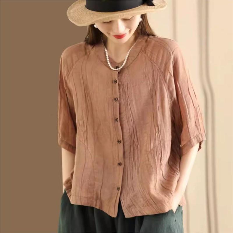 

Johnature Women Vintage Tie-dye Shirts Tops Stand Half Sleeve Button Blouses Chinese Style Women Shirts