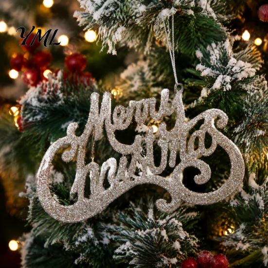 Store Window Holiday Decor Merry Christmas Letter Sign for Tree, Glitter Plastic Hanging Gift Packaging Accessories Ornaments, Sparkling Letters