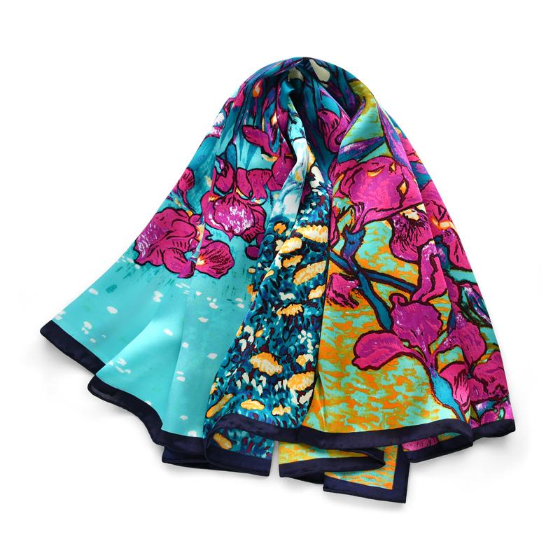 

Iris flower printed natural 100% silk scarf smooth head band scarves women high quality bandana hijab shawl luxury gift 90*90
