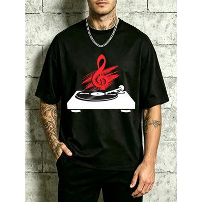 Music Note And Vinyl Record Design Men's Crewneck T-Shirt Loose Fit Cotton Fashion Versatile Soft Comfortable Fabric for Daily Wear ,Spring Summer