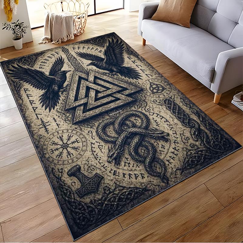 Viking Norse Mythology Symbols and Runes Rug Non-slip Rug Suitable for Living Room and Bedroom Sofas.
