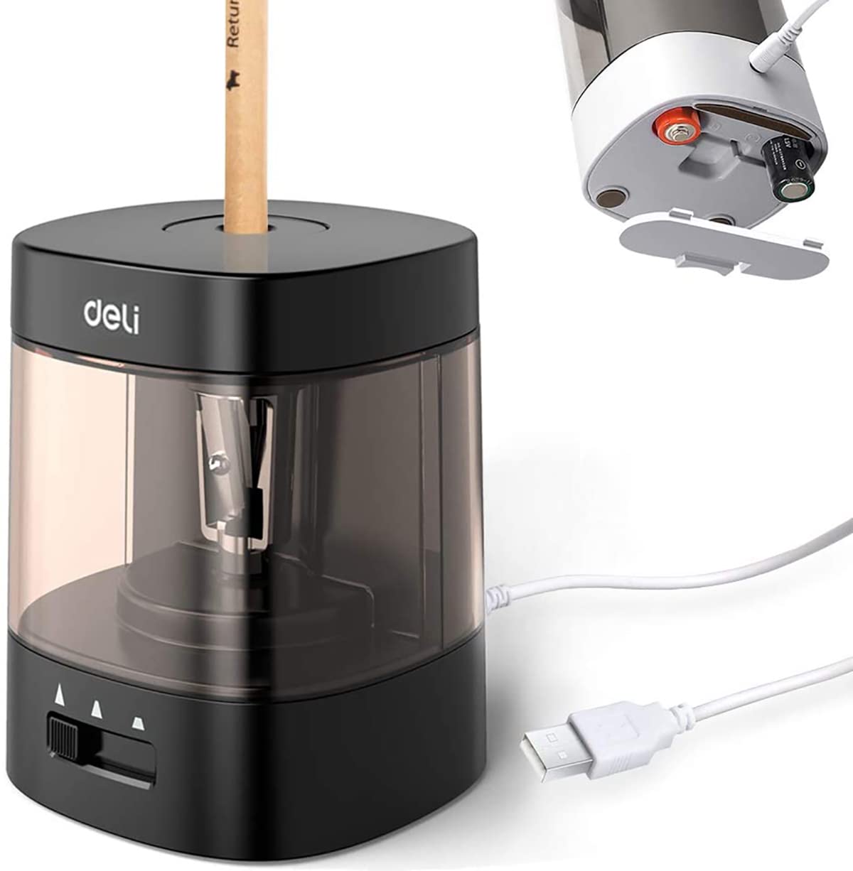 

Deli Электрическая точилка для карандашей Идеально подходит для школы Питание от батареи или USB 2A Рисование Начальная школа Цветное Искусство Точилка, Подготовка, Неперезаряжаемая,