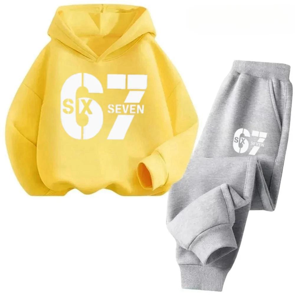 67 Chic Children's Hoodies Set 3-12Y Korean Streetwear Block Tracksuit Fashion Comfortable Kids Sweatshirt 2 Pcs Sets Pant Suit