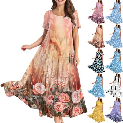 Γυναικείο Casual Loose Bohemian Floral Φόρεμα Κοντό μανίκι μακρύ μάξι καλοκαιρινό φόρεμα με κούνια στην παραλία