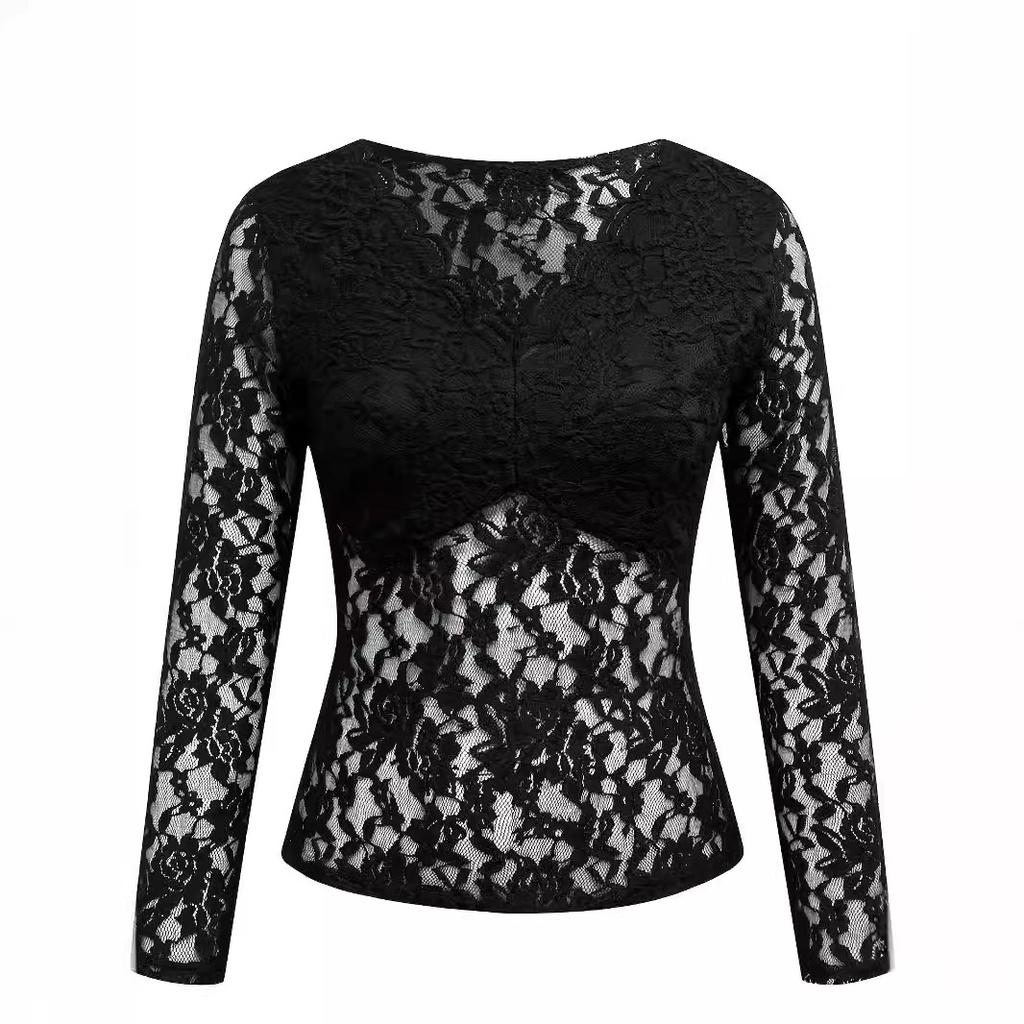 French Hollow Out Elegantní výstřih do V Jednobarevné Dámské Gotické Vintage Tenký svetr s dlouhým rukávem High Street Y2k krajka Ležérní topy