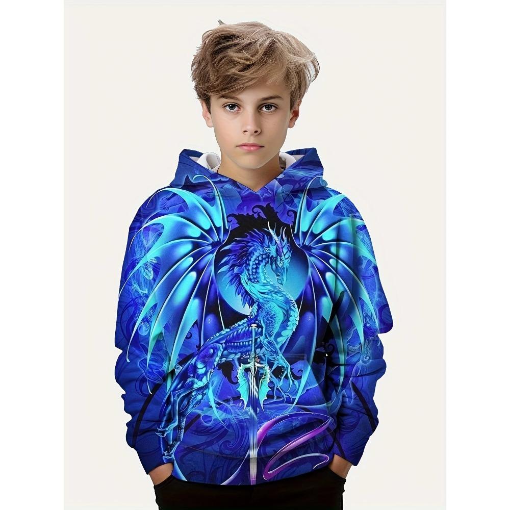 

Модный 3D-принт дракона для мальчиков, повседневный свитер с капюшоном и длинными рукавами, толстовка для весны и осени, детские толстовки с капюшоном, топы для активного отдыха 140CM