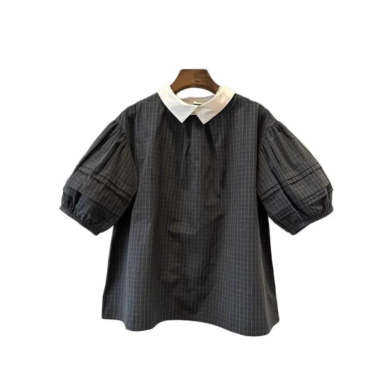 

Women s Contrast Peter Pan Collar Plaid Blouse Puff Short Sleeve Loose Casual Top L чорний