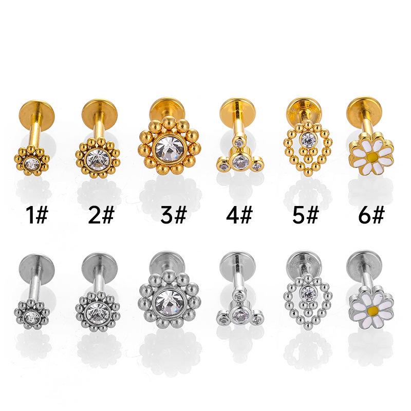 316L Stainless Steel Zirconia Flower Lip Stud Earring Piercing Jewelry