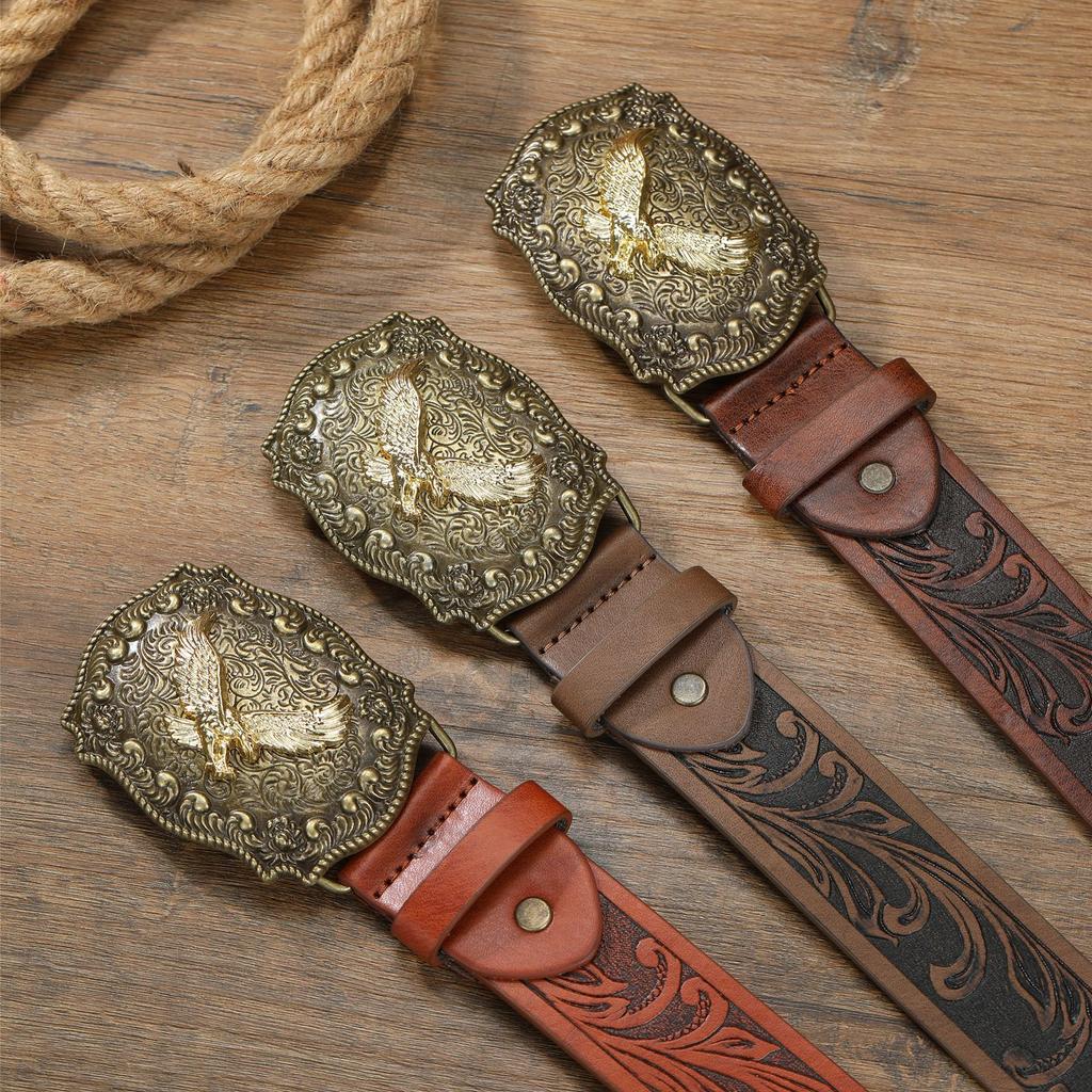 Vintage Western Denimbelte Ku hode Stor plate spenne Denim Gravert Etnisk stil Herre Punk PU lærbelte