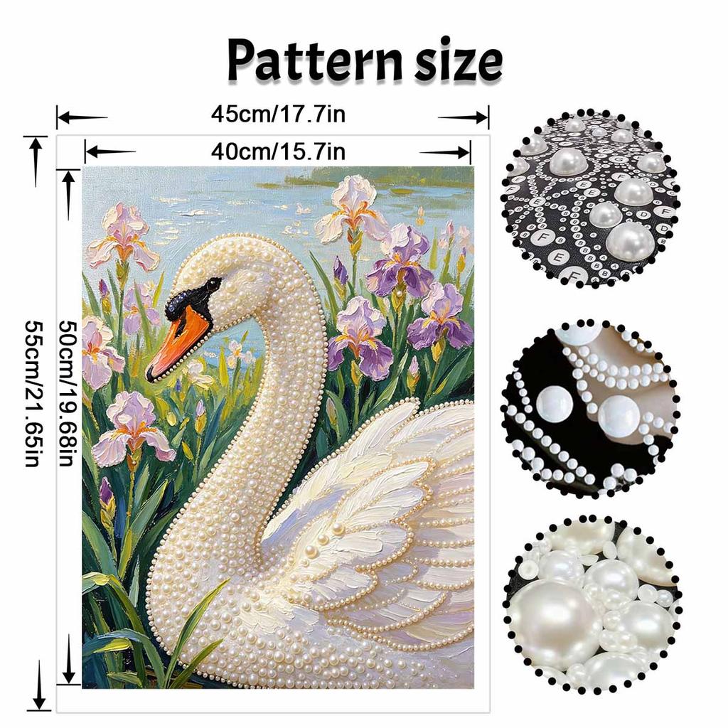 DIY Framed Pearl Painting Kit Swan and Irises 3D Sparkling Bead Art Canvas Elegant Home Wall Decor Creative Gift for Women To Relax