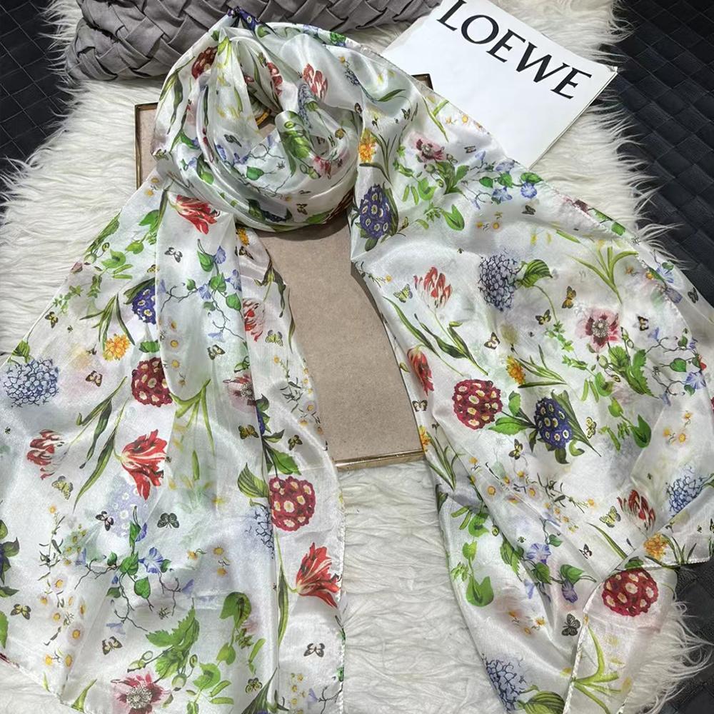 Chinese Rose 100% Silk Scarf Shawl Women Spring Fall Long Scarves Bufanda Summer Beach Shawls Foulard Elegant Winter Blue Scarf