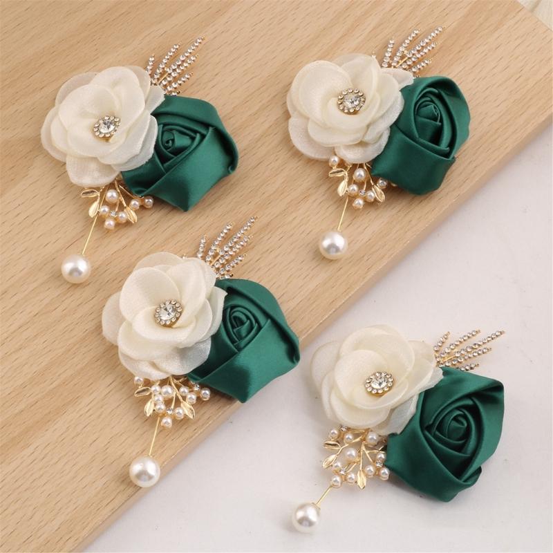 Handcrafts Wedding Corsage with Fabric Camellia Rose Design For Bridal Wedding Ceremony And Formal Event Dressingup 4PCS