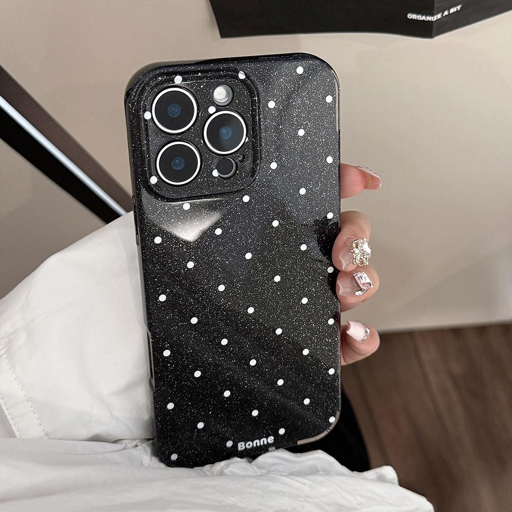 

Lovely Glitter Korean Ins Sparkling Black White Polka Dots Phone Case for IPhone 16 15 14 13 Pro Max Fashion Back Cover Funda iPhone 13