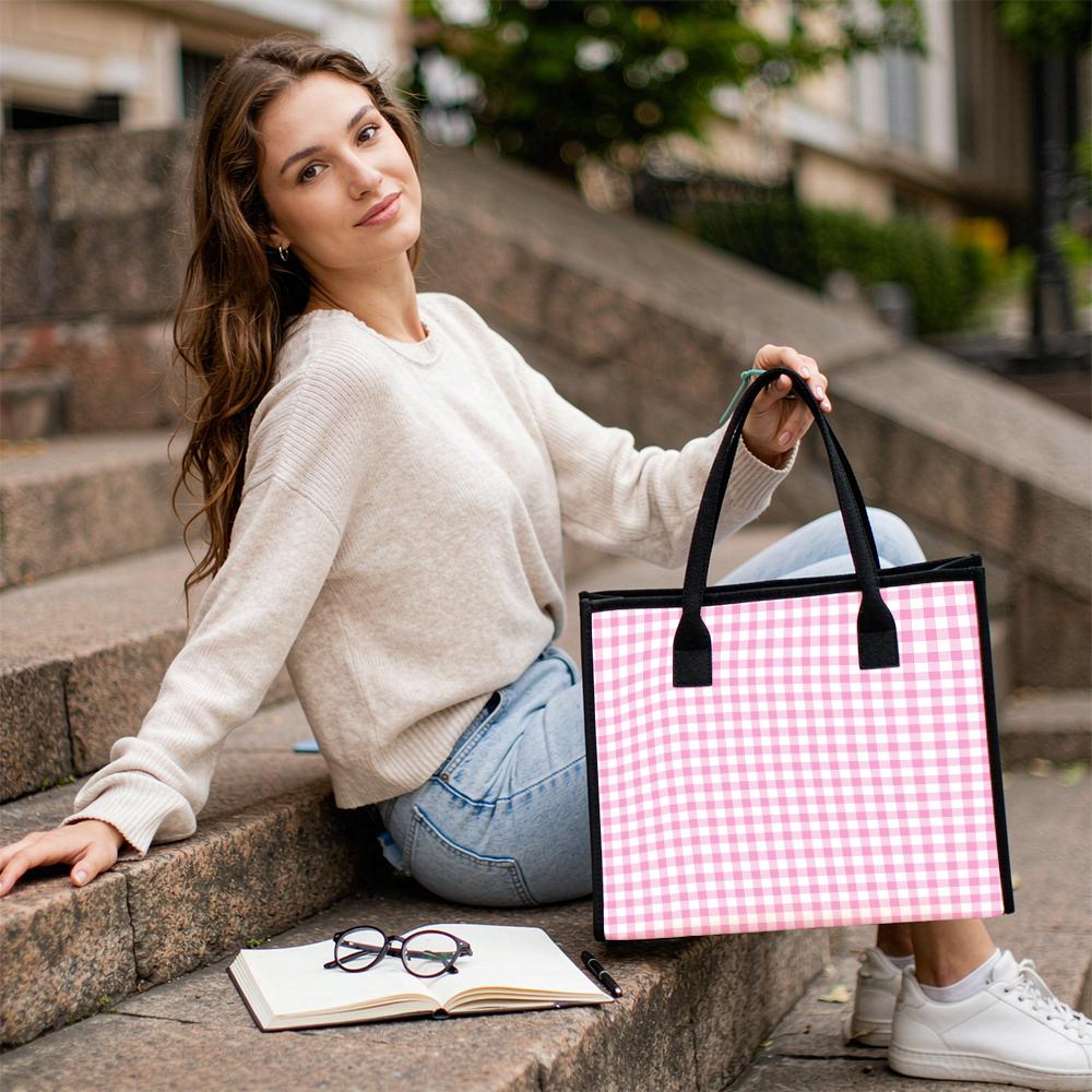 Pink Gingham Tote Bag Casual Large Capacity Handbag for Daily Use