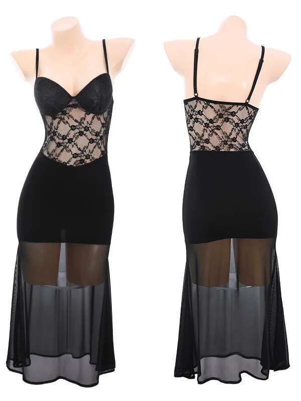 Mesh Lace Black Sweet Sexy Women Sheer Dresses Chest Mat Fish Tail Sleeping Skirt Strap Sexy Uniform Dress Elegant Korean AVN7