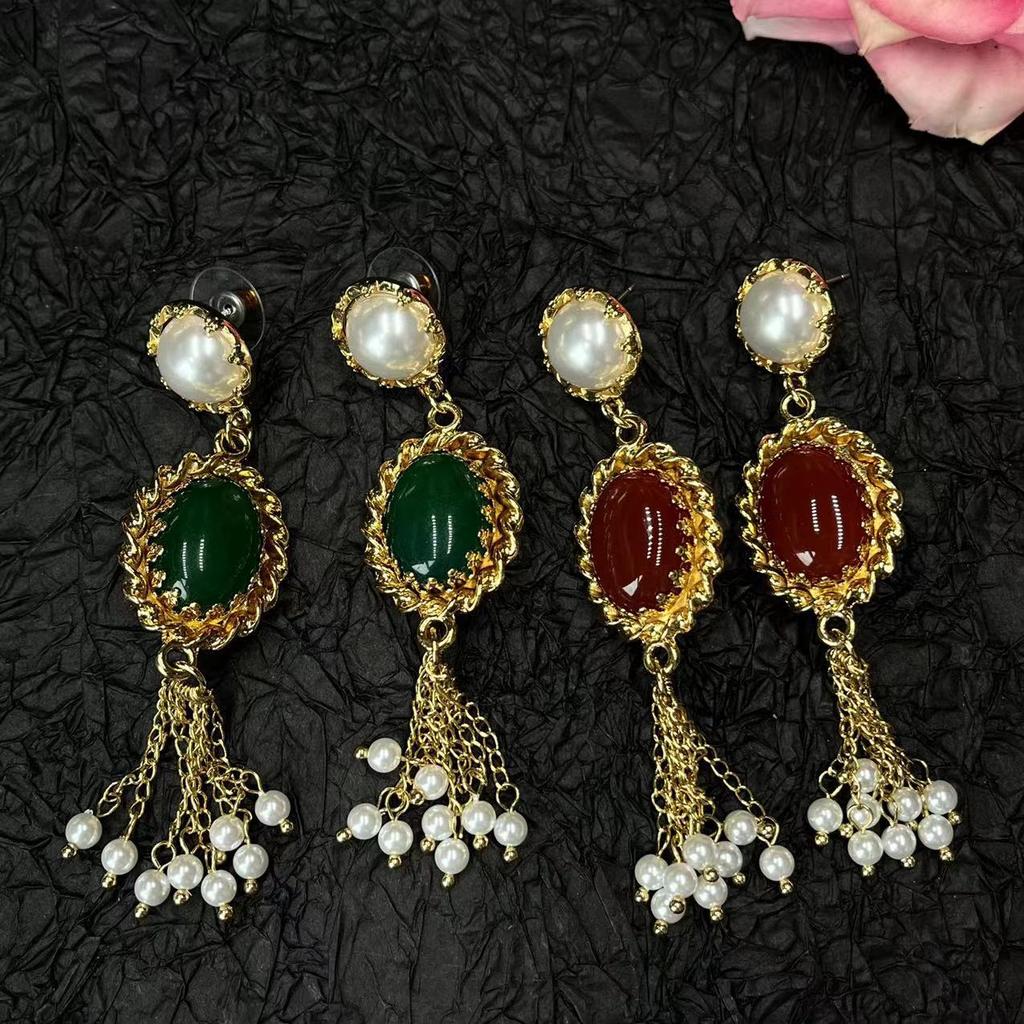 Vintage French Palace Style Red Agate Pearl Tassel Earrings Long Light Luxury Accessories