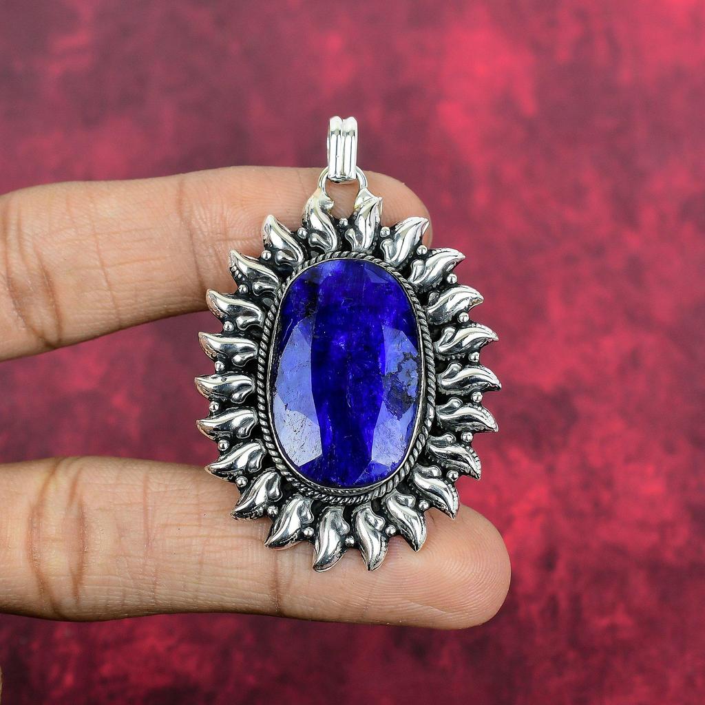 Blauer Saphir Anhänger, handgefertigter Edelstein Anhänger, 925 Sterling Silber Anhänger Antiker Schmuck, Verlobungsgeschenk