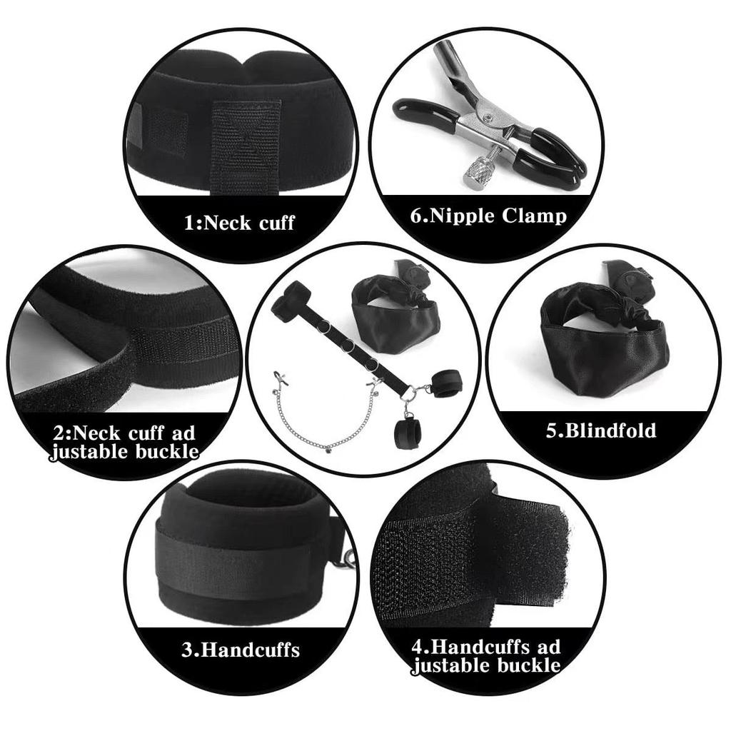 Back Handcuff Nipple Clip Eye Blinder Sex Toy Set Neck Cuffs Bra Clamp Hands Restraint Satin Blindfolder 18+ Adult Game Kit