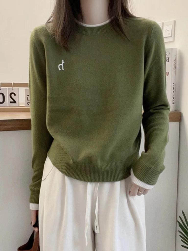 2025 Women's Autumn/Winter Pure Wool Color Block Embroidered Knitwear - Casual Round Neck Loose Base Layer Top