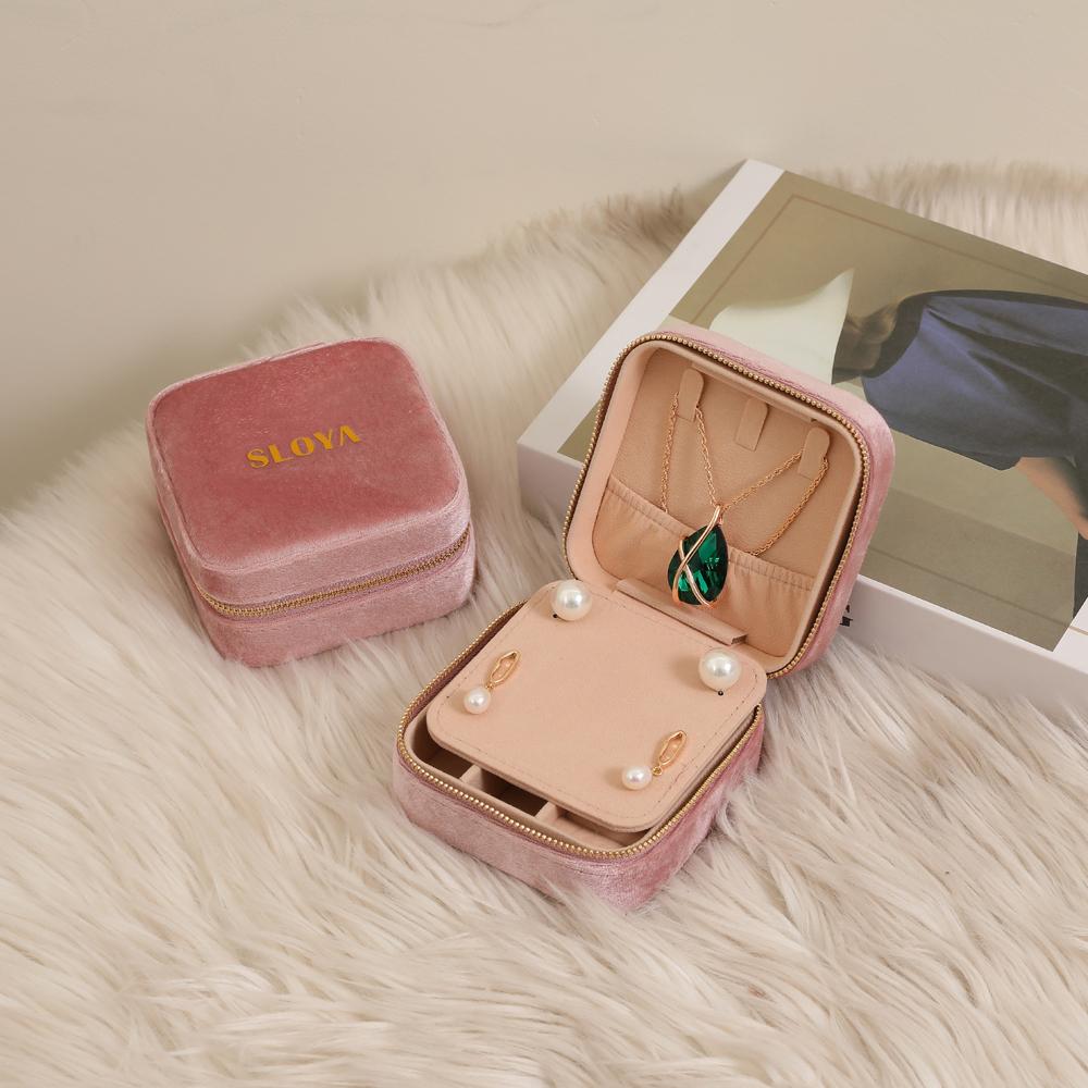 Navy Blue Zipper Organizer Jewelry Travel Boxes with Mirror Custom Logo Velvet Storage for Necklace Velvet&Velvet розовый