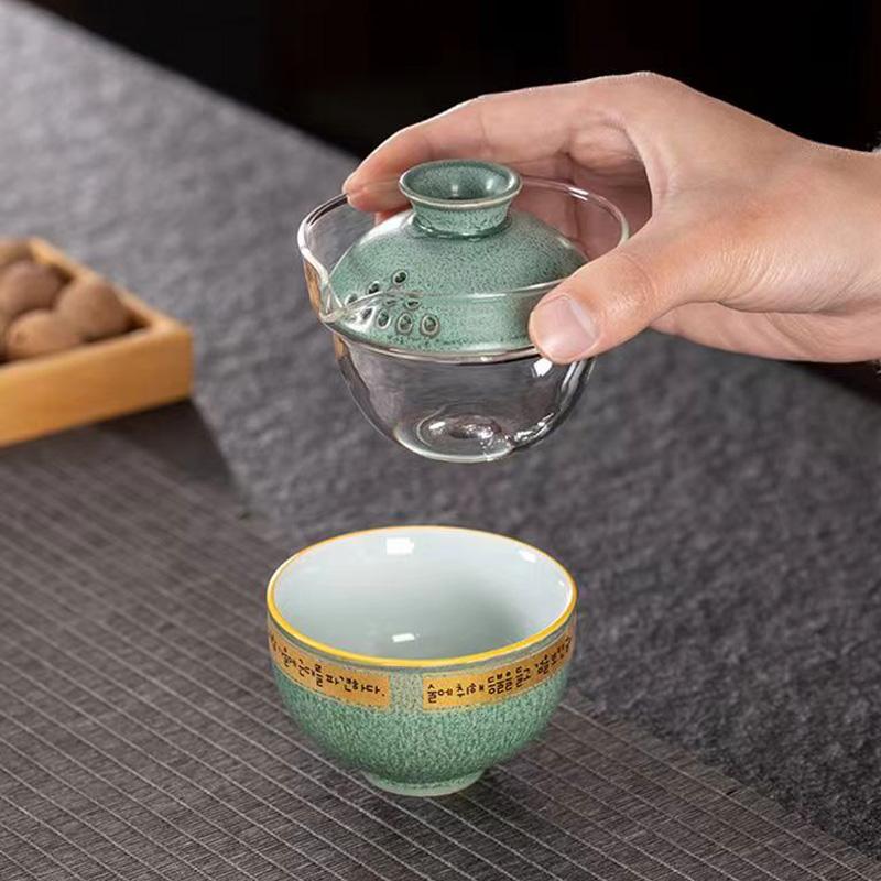 New Glass And Ceramics Tea Set 3 Cups Gaiwan Frosted Transparent Glass Portable Travel Tureen Teaware Ceremony 170ML