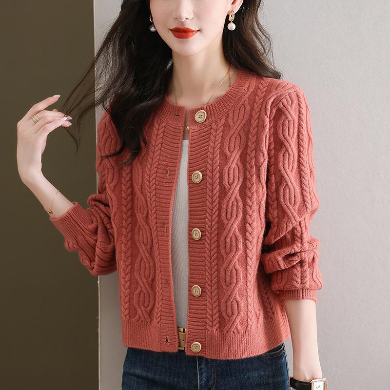 Autumn and winter fashion temperament solid color twist twisted round neck women's elegant lazy style retro knitted cardigan sweater