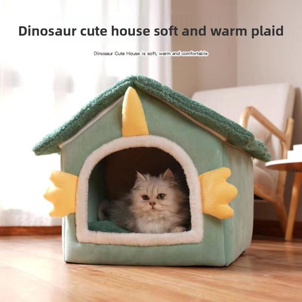 High Quality Cute Dinosaur Winter Sleeping Pet House Warm Puppy Cave Cat Bed Cat Cube Hide House Plus Velvet Sofa Pet Bed House