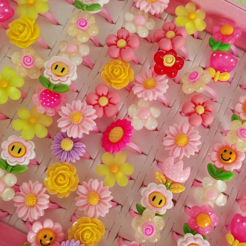 10pcs/Lot Cute Children's Cartoon Rings Glitter Flower Fruit Shape Plastic Adjustable Ope Excluding boxes