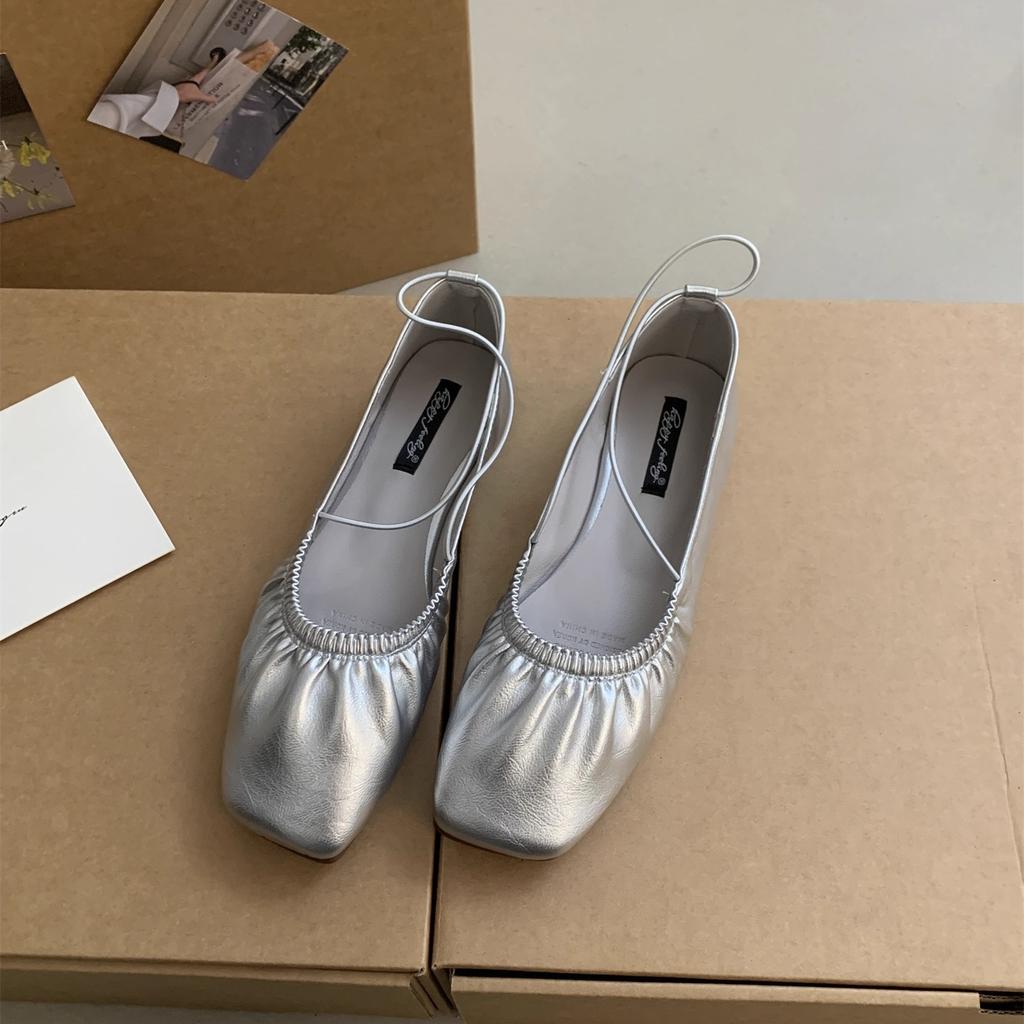 2025 new retro pleated square head retro flat-soled grandma shoes soft-soled single shoes fairy cross-strapped ballet shoes
